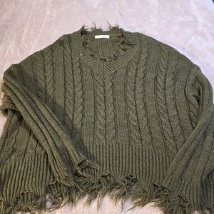 Rewind Olive V-Neck Cable Knit Sweater